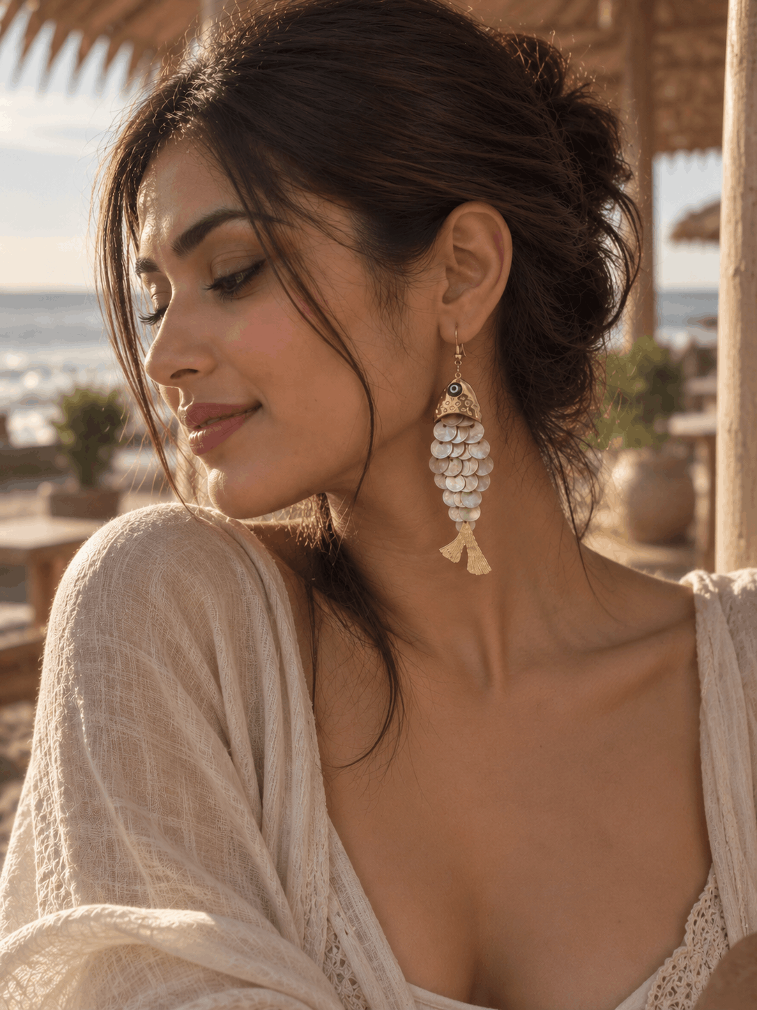 Evil Eye Pearl Fish Earrings
