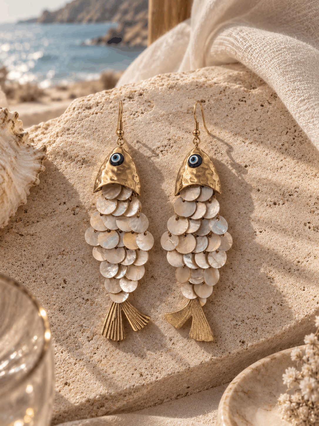 Evil Eye Pearl Fish Earrings